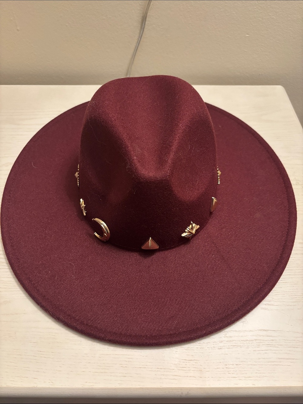Anthropologie Wine Felt Wide-Brim Hat with Gold Stud Details
